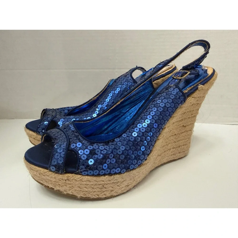 Zigisoho Blue Sequin Espadrille Wedge Sandals Slingback Peep Toe Platform Shoes